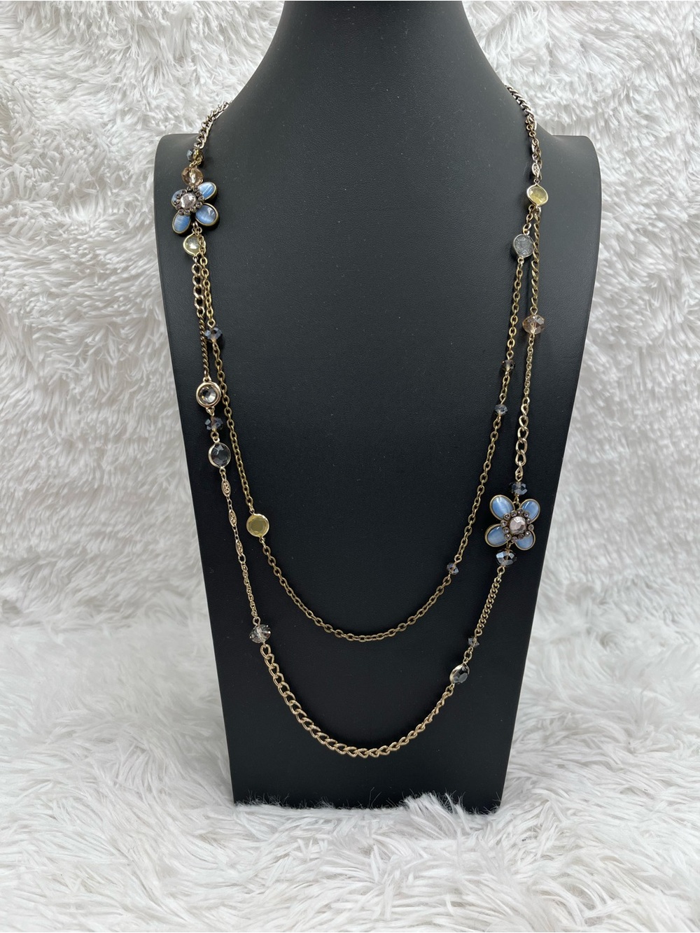 LOFT Multistrand Blue Iridescent Flower Rhinestone Statement Necklace Gold Tone